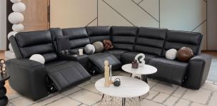 Sala Modular Piel Con Reclinables Eléctricos Y Consola Forli Negro
