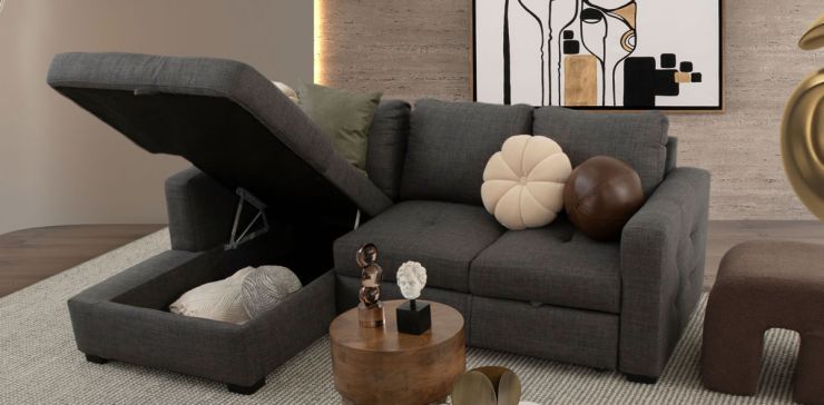 Sala Modular Izquierda Con Baúl Y Cama Alta Olivia Plus Gris
