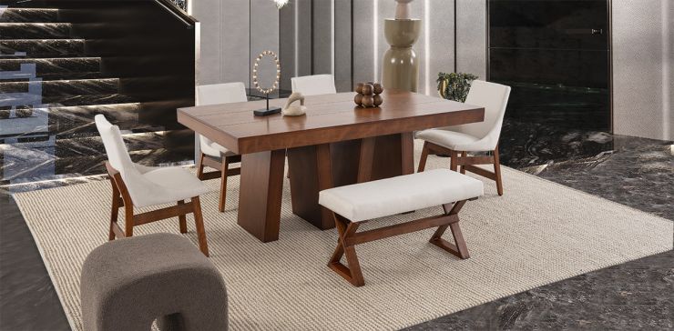 Comedor Odette 180 Cm Con Sillas Y Banca Odette Alamo Beige 6 Piezas