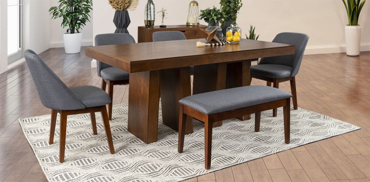 Comedor Odette PL Con Sillas Y Banca Olaf Gris 6 Piezas