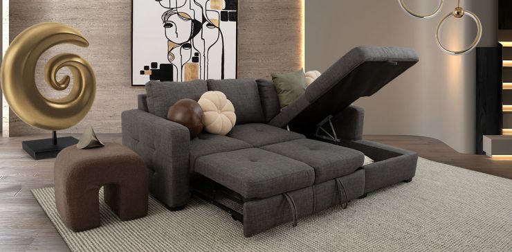 Sala Modular Derecha Con Baúl Y Cama Alta Olivia Plus Gris