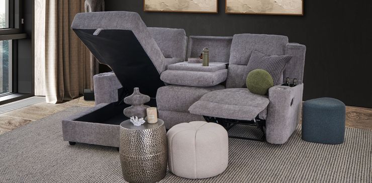 Sala En L Izquierda Con Baúl Y Reclinable Sereno Gris