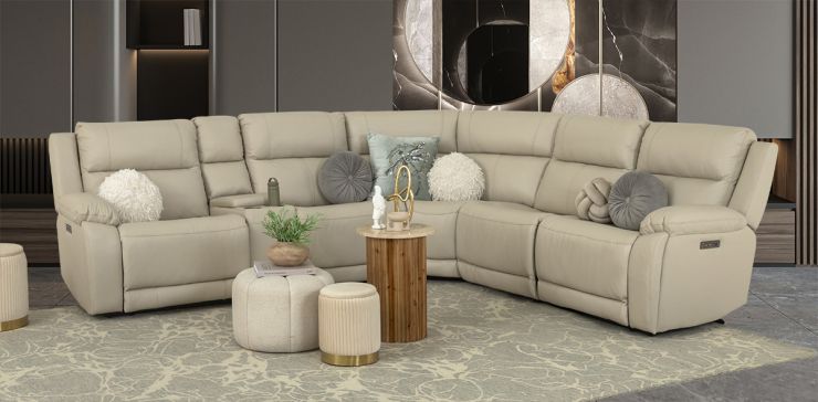 Sala Modular Con Reclinables Eléctricos De Piel Alberta Beige