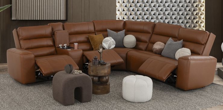 Sala Modular Piel Con Reclinables Eléctricos Y Consola Forli Café