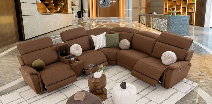 Sala Modular Con Reclinables Eléctricos Y Consola Sante Fe Café
