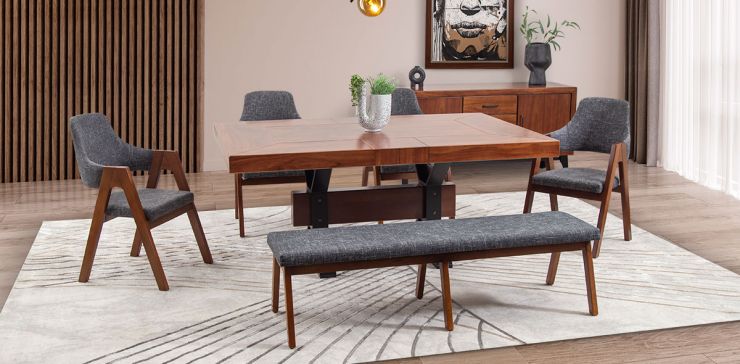 Comedor Estocolmo Con Sillas Y Banca Gris 6 Piezas