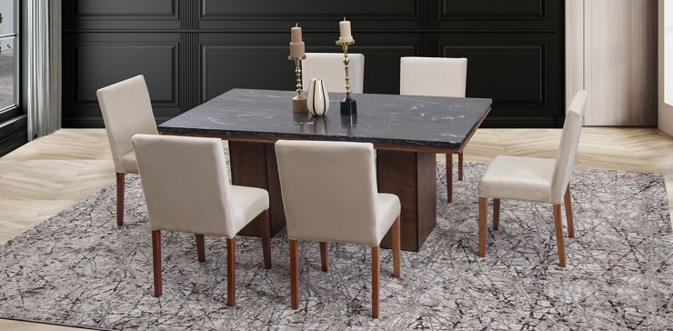 Comedor Rectangular De Mármol 180 Cm Alessia Negro/Beige 7 Piezas