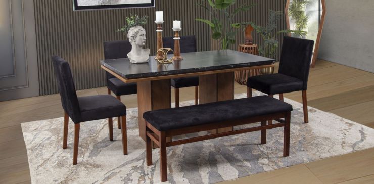 Comedor Rectangular De Mármol Alessia Negro 6 Piezas