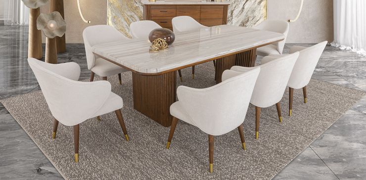 Comedor Rectangular De Mármol Tinnie CL Café Nogal 7 Piezas