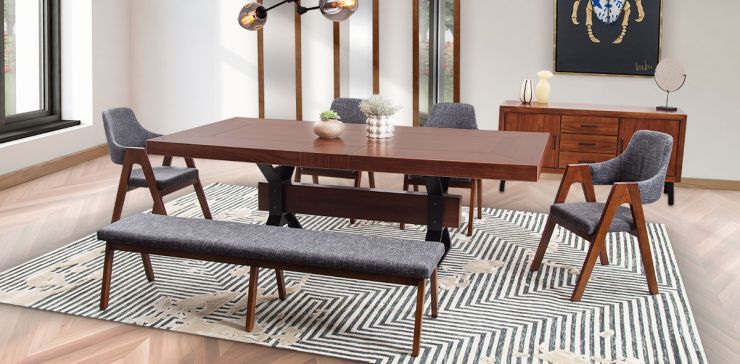 Comedor Rectangular 240 X 120 Cm Estocolmo Con Sillas Y Banca Gris 6 Piezas