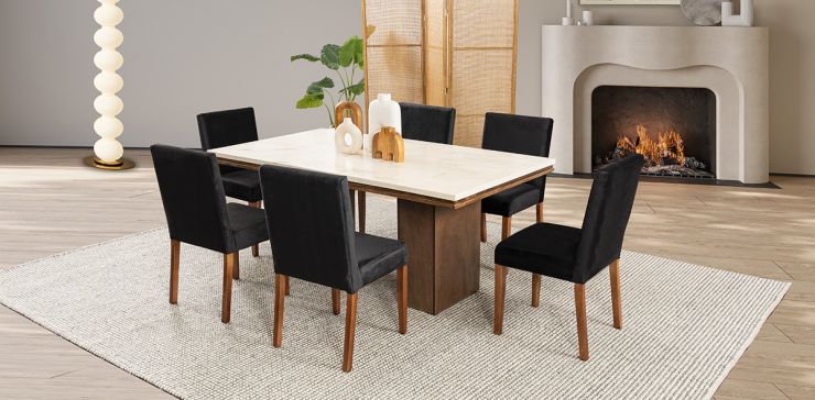 Comedor Rectangular De Mármol 180 Cm Alessia Beige/Negro 7 Piezas