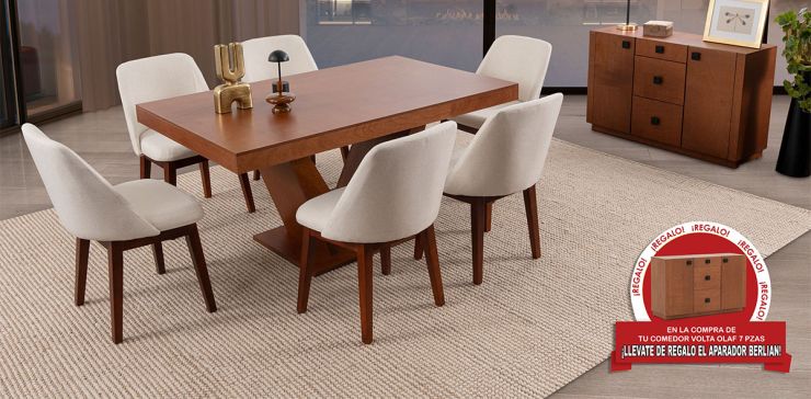 Comedor Volta Nogal Con Sillas Olaf Arena 7 Piezas