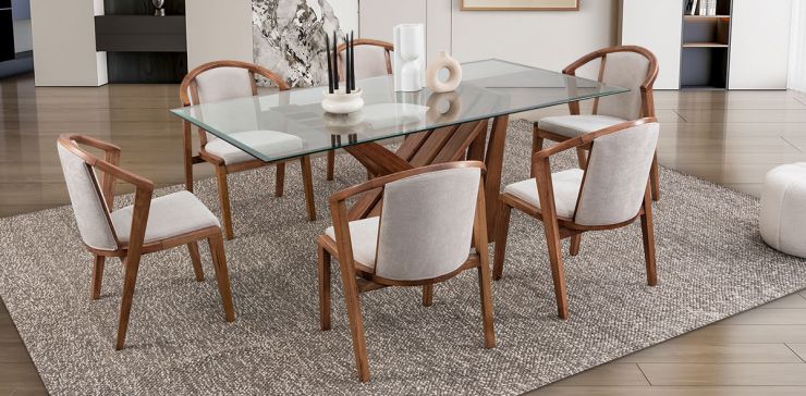 Comedor Rectangular De Cristal Andra Beige 7 Piezas