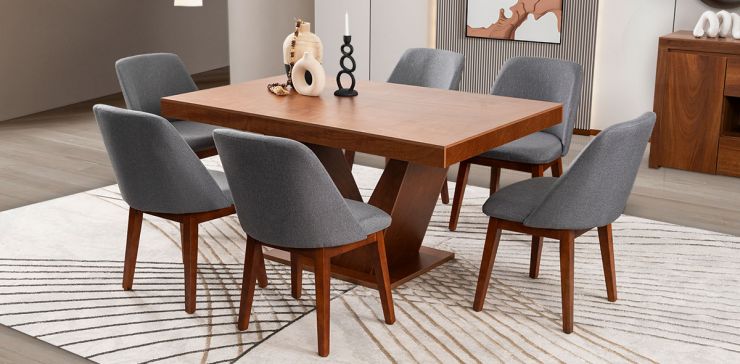 Comedor Volta Nogal Con Sillas Olaf Gris 7 Piezas