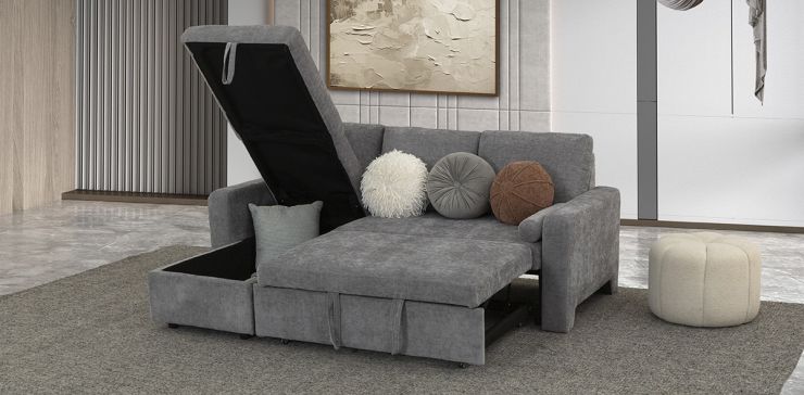 Sala Modular Izquierda Con Baúl Y Cama Alta Maia Gris