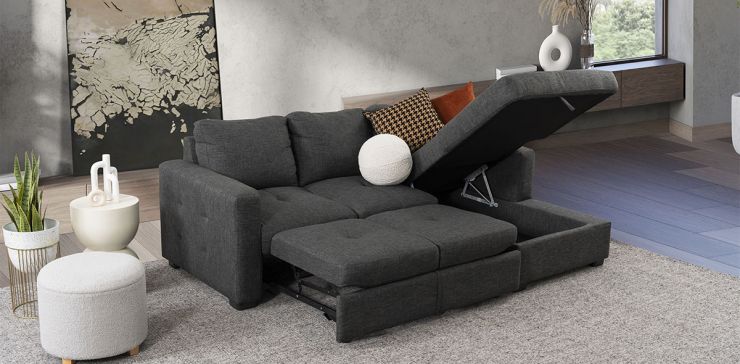 Sala Modular Derecha Con Baúl Y Cama Alta Olivia Gris 