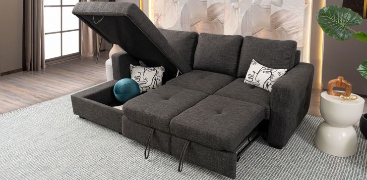 Sala Modular Izquierda Con Baúl Y Cama Alta Olivia II Gris