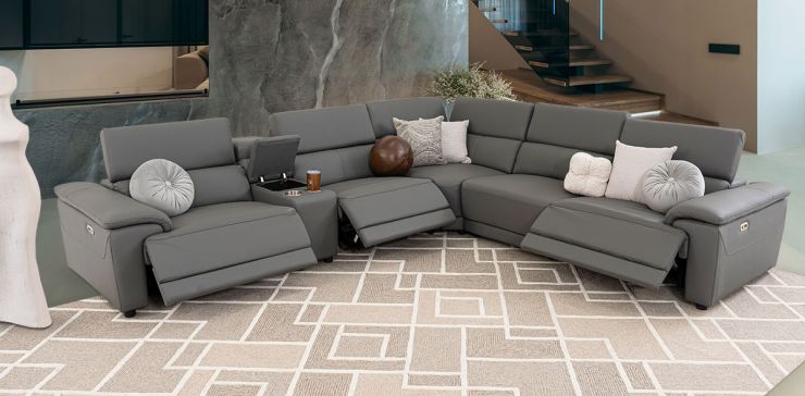 Sala Modular De Piel Con Reclinables Eléctricos Y Consola Montier Gris