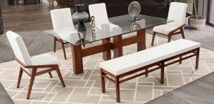 Comedor Rectangular De Cristal Praga Con Sillas Y Banca Praga Mix Beige 6 Piezas
