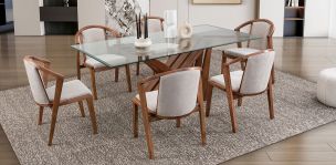 Comedor Rectangular De Cristal Andra Beige 7 Piezas