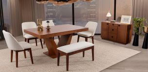 Comedor Volta Nogal Con Sillas Y Banca Olaf Arena 6 Piezas