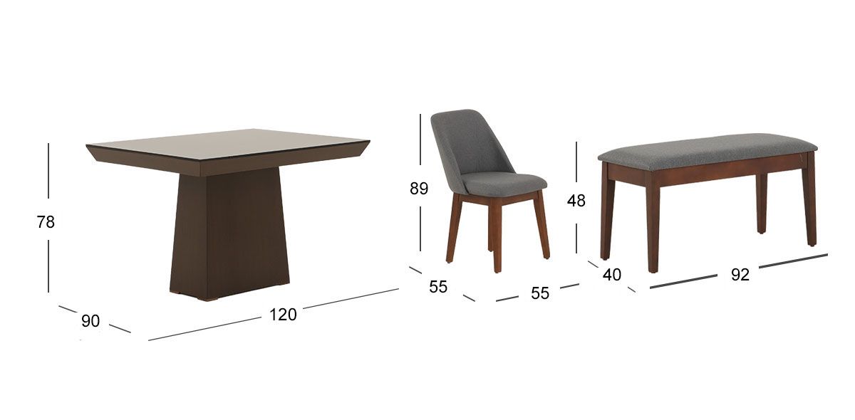 Comedor 120 Cm Montreal Con Sillas Y Banca Olaf PL Gris 5 Piezas